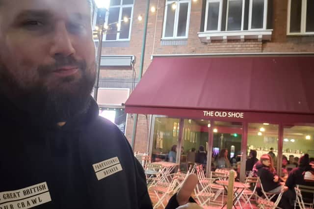 Dale Harvey, of The Great British Pub Crawl, outside The Old Shoe, in Sheffield's Orchard Square shopping centre, which he gave the thumbs up