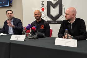 MK Dons head coach Paul Warne with MK Dons CEO Neil Hart and Sporting Director Liam Sweeting
