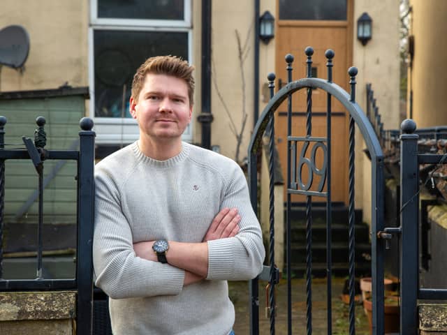 Tom Lord outside the house he bought with his ex before their relationship ended.  