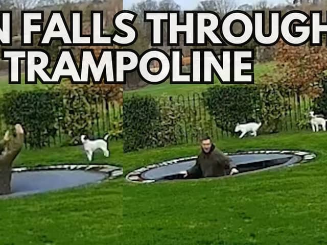 Photos of a man falling through a trampoline