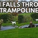 Two images of a man falling through a trampoline