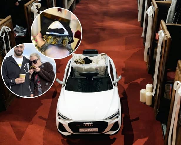 Charlotte and Joe Dawson, had their pet tortoise, Tyrion, five, roll down the aisle in style as one of Joe's groomsmen. 