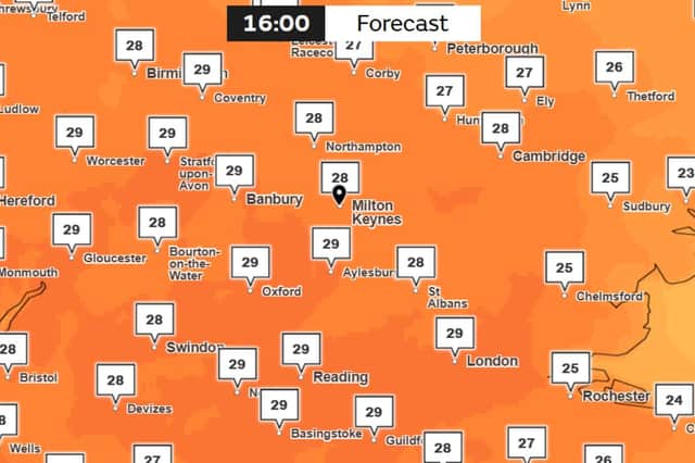 A Met Office map shows high temperatures on Thursday (June 19).