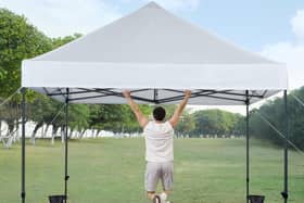 The pop-up gazebo is made of steel and designed for all weathers