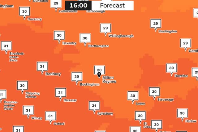 A Met Office weather map shows temperatures will hit 30°C in some areas of the UK on June 19.
