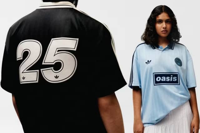 Key looks from the Oasis x Adidas collab include retro football styling and bold anniversary branding.