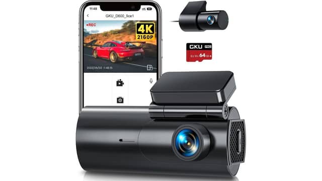 The GKU D600 has front and rear cameras, night vision, voice control, and includes a 64GB SD card