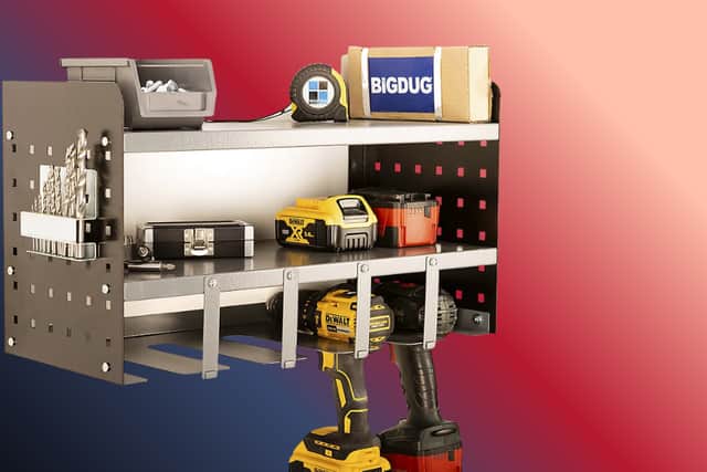 A compact BiGDUG power tool rack designed to keep drills, batteries and accessories tidy and within easy reach