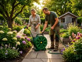 The anti-kink garden hose includes a seven-setting spray nozzle and compact storage reel for easier watering.