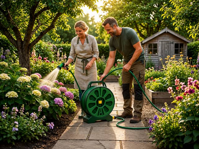 The anti-kink garden hose includes a seven-setting spray nozzle and compact storage reel for easier watering.