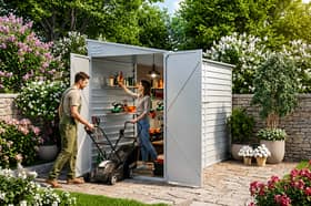 The steel garden shed combines lockable access, weather-resistant materials and generous storage space for outdoor essentials