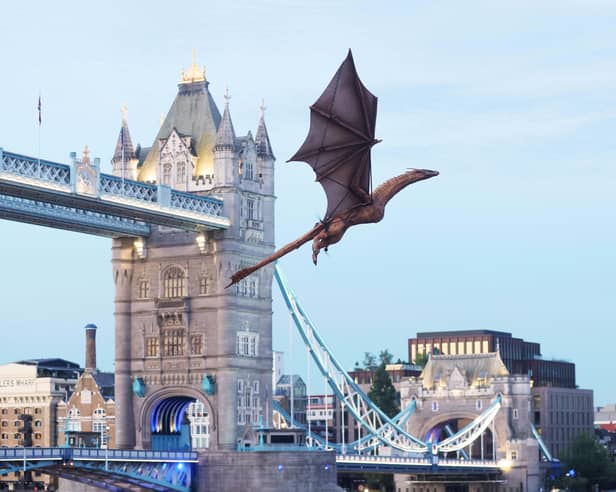 The dragon features 23 moving parts and flew using impellers built into its legs to create lifelike motion