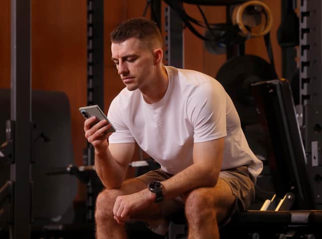 Olympic gymnast Max Whitlock checks his personal health data during training using the new Samsung Galaxy Watch Ultra2 and Galaxy Z Fold8
