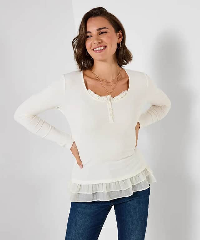 Esme Ribbed Jersey Henley With Frill Detail from Joe Browns.