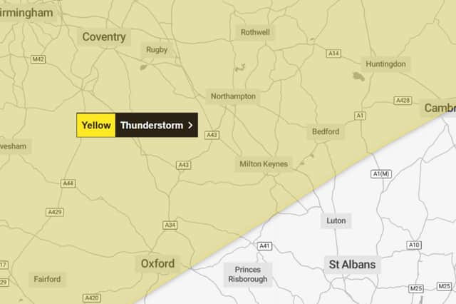 A Met Office yellow thunderstorm warning will be in place for Milton Keynes until 9pm.