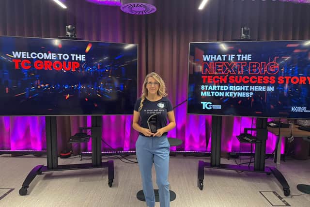 Claire Harris celebrates winning the TC Group Start-Up Pitch Challenge at MK Tech Week 2026, a major milestone for pet travel safety innovation.