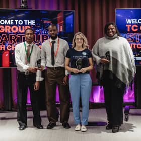 From left to right: Runner-up: Novus – Farid Umar, Aliyu Aliyu & Ahmed Kere-Ahmed | Overall winner: Pets 2 Places – Claire Harris | Highly Commended: Synthaveil – Nonna Alomaja