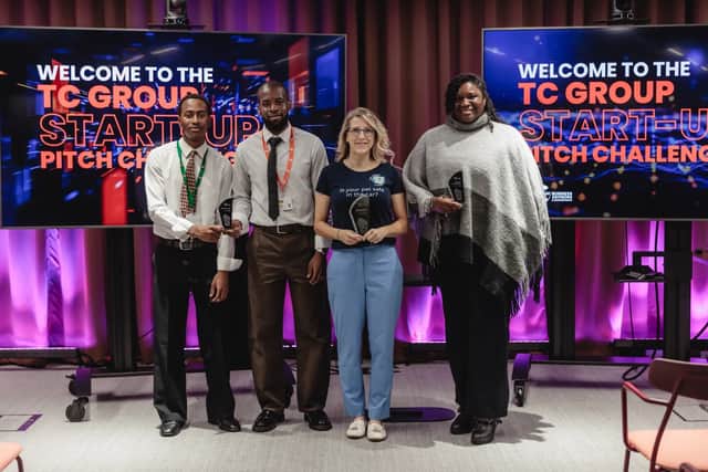 From left to right: Runner-up: Novus – Farid Umar, Aliyu Aliyu & Ahmed Kere-Ahmed | Overall winner: Pets 2 Places – Claire Harris | Highly Commended: Synthaveil – Nonna Alomaja