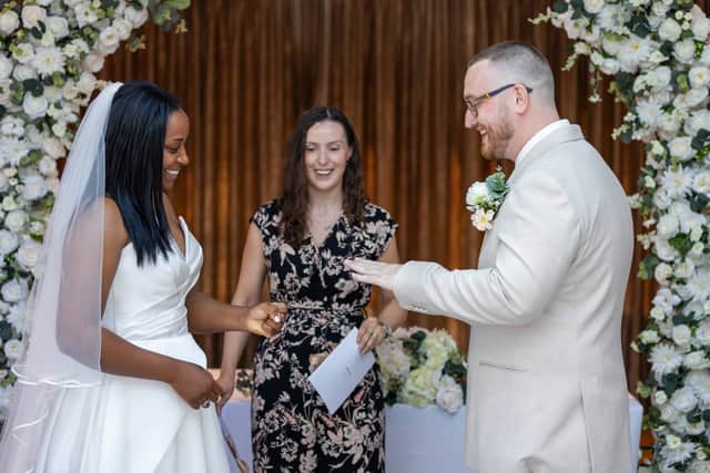 Buckinghamshire wedding celebrant in fun ceremony with couple