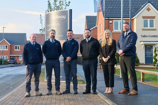 Bellway’s Northern Home Counties division, from left, Assistant Site Manager Paul Whittenbury, Site Manager James Ratcliffe, Assistant Site Manager Aidan Lawrence, Sales Advisor Thomas Roe, Sales Manager Amy Walters, and Contracts Manager Peter Bourne.