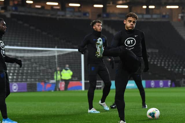 Max Aarons during Monday evening's England Under-21 training session at Stadium MK
