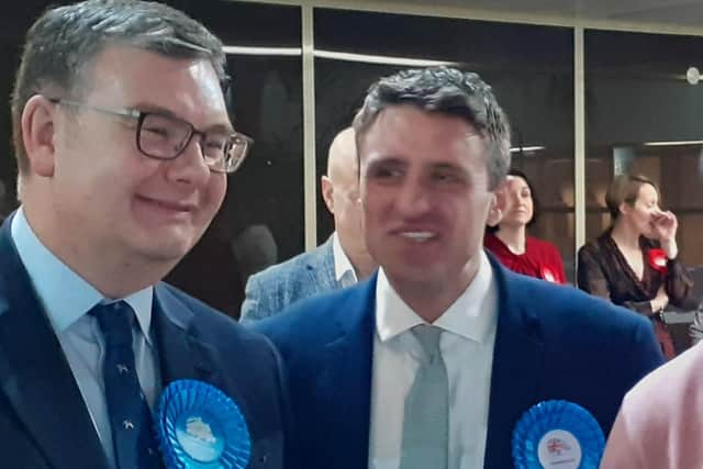 Victorious Tories Iain Stewart and Ben Everitt in front, with Labour's defeated Charlynne Pullen and Hannah O'Neill in the background