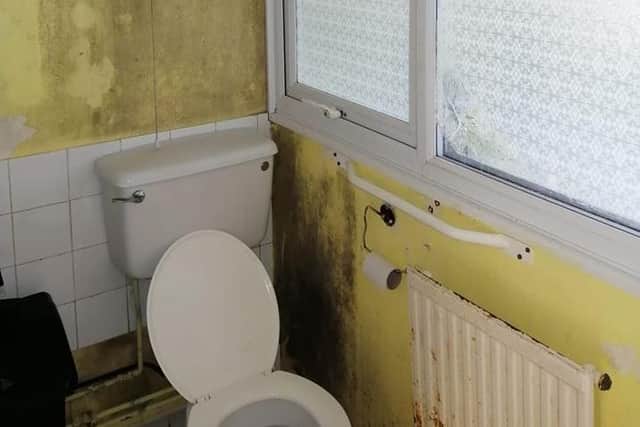 The bathroom is covered in black mould