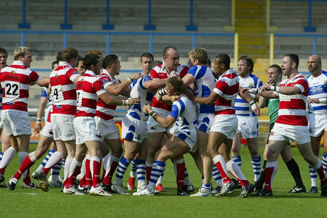 The Halifax and Batley players clash in 2010.