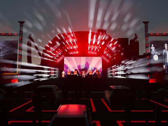 An artist's impression of Utilita Live From The Drive-In concert series stage.