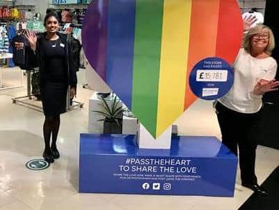 A rainbow display charts the progress of the fundraising