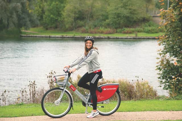 Jessica Ennis-Hill on a Santander Cycles MK bike in Milton Keynes