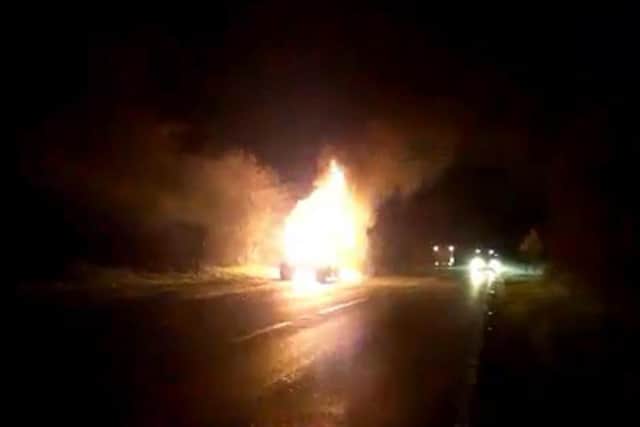 The lorry's cab was set on fire