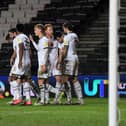 MK Dons celebrate Scott Fraser's goal against Bristol Rovers
