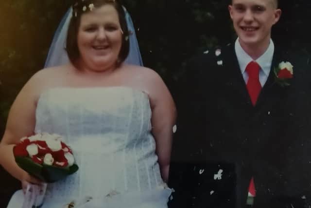 Stacey and Ben on their wedding day 10 years ago