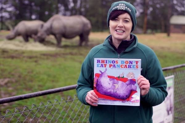 ZSL Whipsnade Zoo's Catriona Hickey reads Rhinos Don't Eat Pancakes by Anna Kemp (C) ZSL Matt Worthington