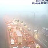 Highways England jam cams showed queues for 71⁄2 miles on the M1 on Monday morning