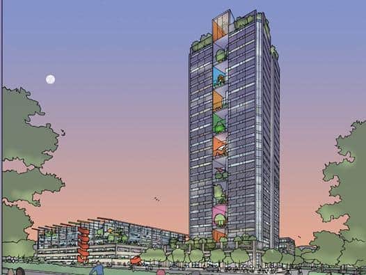 Artists' impression of the proposed Saxon Court development, showing the 27storey block