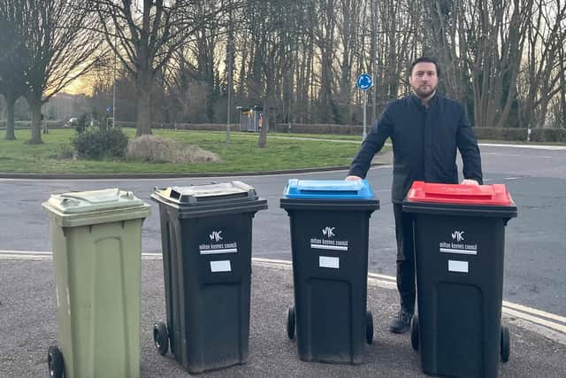 Council leader Pete Marland with the four different wheelie bins