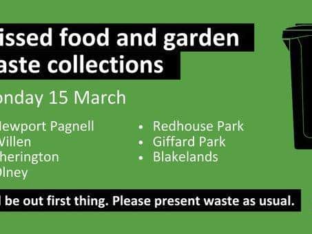 Food and waste collections were missed in multiple areas in Milton Keynes on March 15