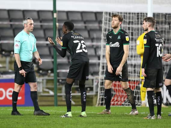 Plymouth protest the late penalty decision from Sebastian Stockbridge