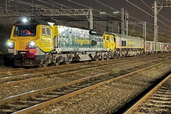 Two locos hauled the massive 'jumbo train' through Milton Keynes during the early hours of Thursday morning