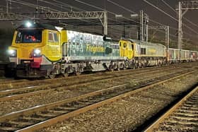 Two locos hauled the massive 'jumbo train' through Milton Keynes during the early hours of Thursday morning