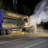 One lorry caught fire after mounting the central reservation barrier