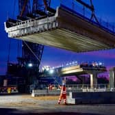 Huge cranes lift out one of the 37 spans on the Bletchley Flyover last weekend. Photo Network Rail