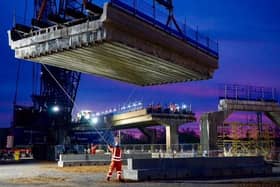 Huge cranes lift out one of the 37 spans on the Bletchley Flyover last weekend. Photo Network Rail