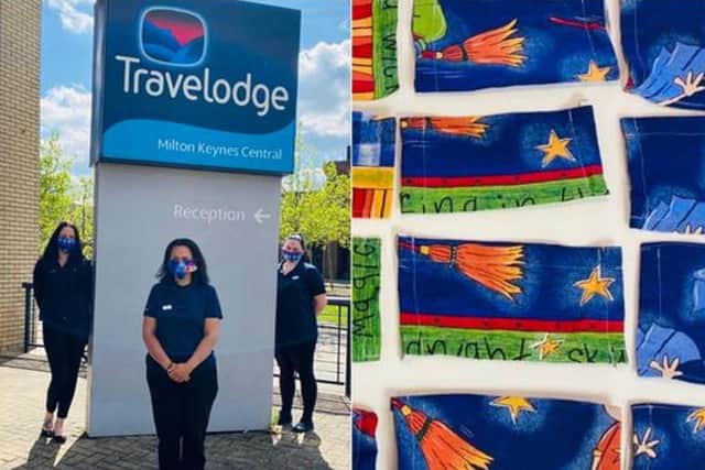 The Travelodge hotel team in MK were gifted 50 handmade PPE masks by the Y8 class at Guilsborough Academy.