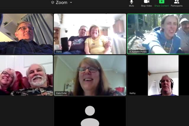 Ted, on the upper left, with his scattered family on Zoom