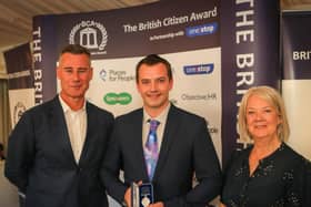 TV presenter Tim Vincent, left, is pictured with Ross Hockham  and Dame Mary Perkins)