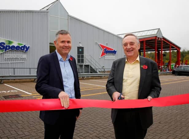 Speedy chief executive Russell Down, and Shaun McCarthy, chair of the Supply Chain Sustainability School, at  the launch which welcomed over 120 major construction contractors