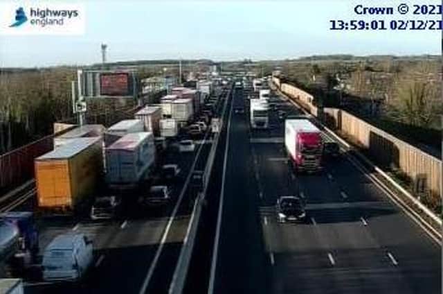 Motorway cameras showed the northbound side gridlocked near Newport Pagenll Services at 2pm